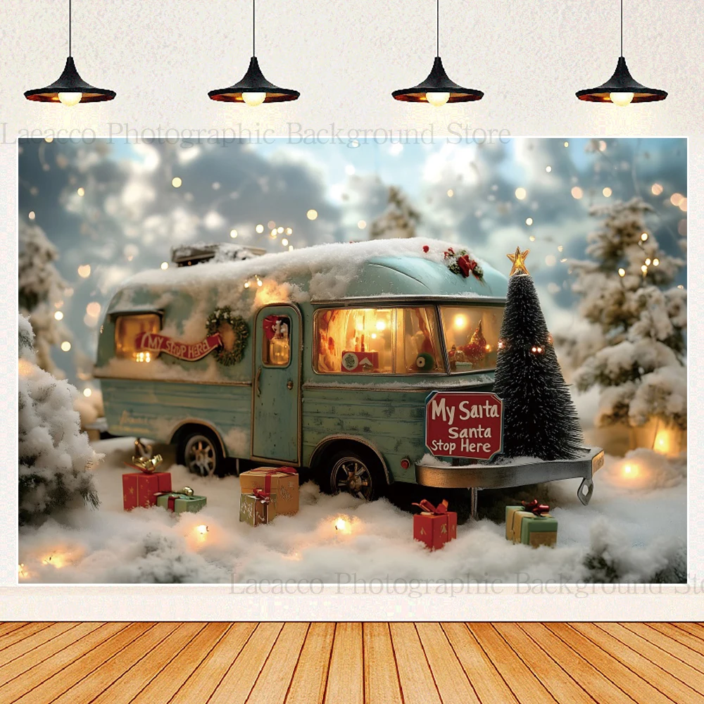 Fondo de fotografía de nieve de coche de Camper de invierno 2025 fiesta de Navidad árbol de Navidad retrato de familia de niños foto telón de fondo accesorios de estudio