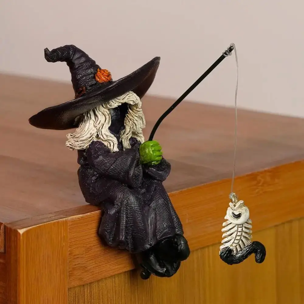Ornamento de tanque de peixes resina pesca bruxa estátua artesanato engraçado halloween bruxa escultura decorativa fantasma festival ornamento desktop