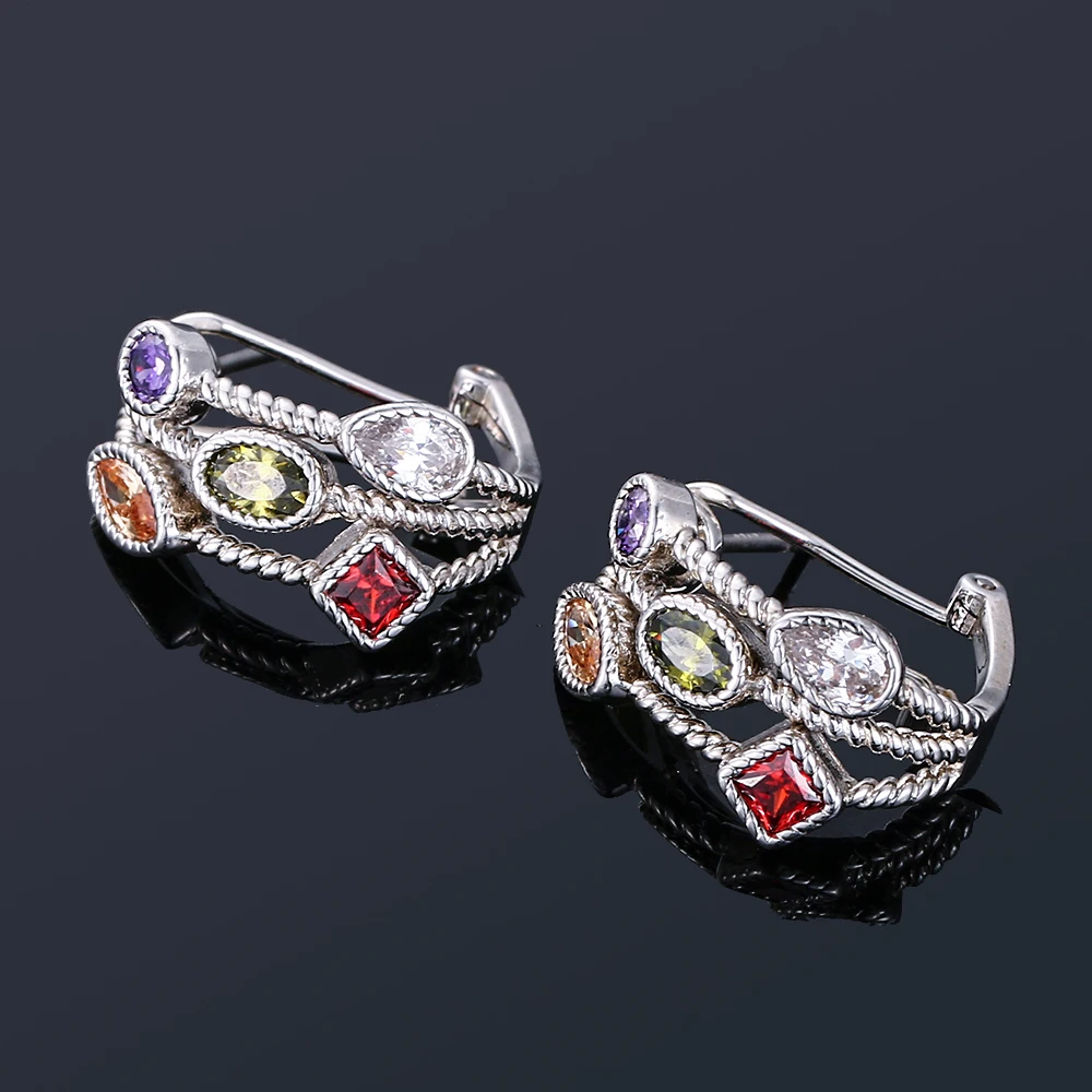 Color Zircon Silver Earrings Jewelry Ear Buckle Retro Hollow Fashion Women\'s Earrings for Party Wedding Birthday Gift