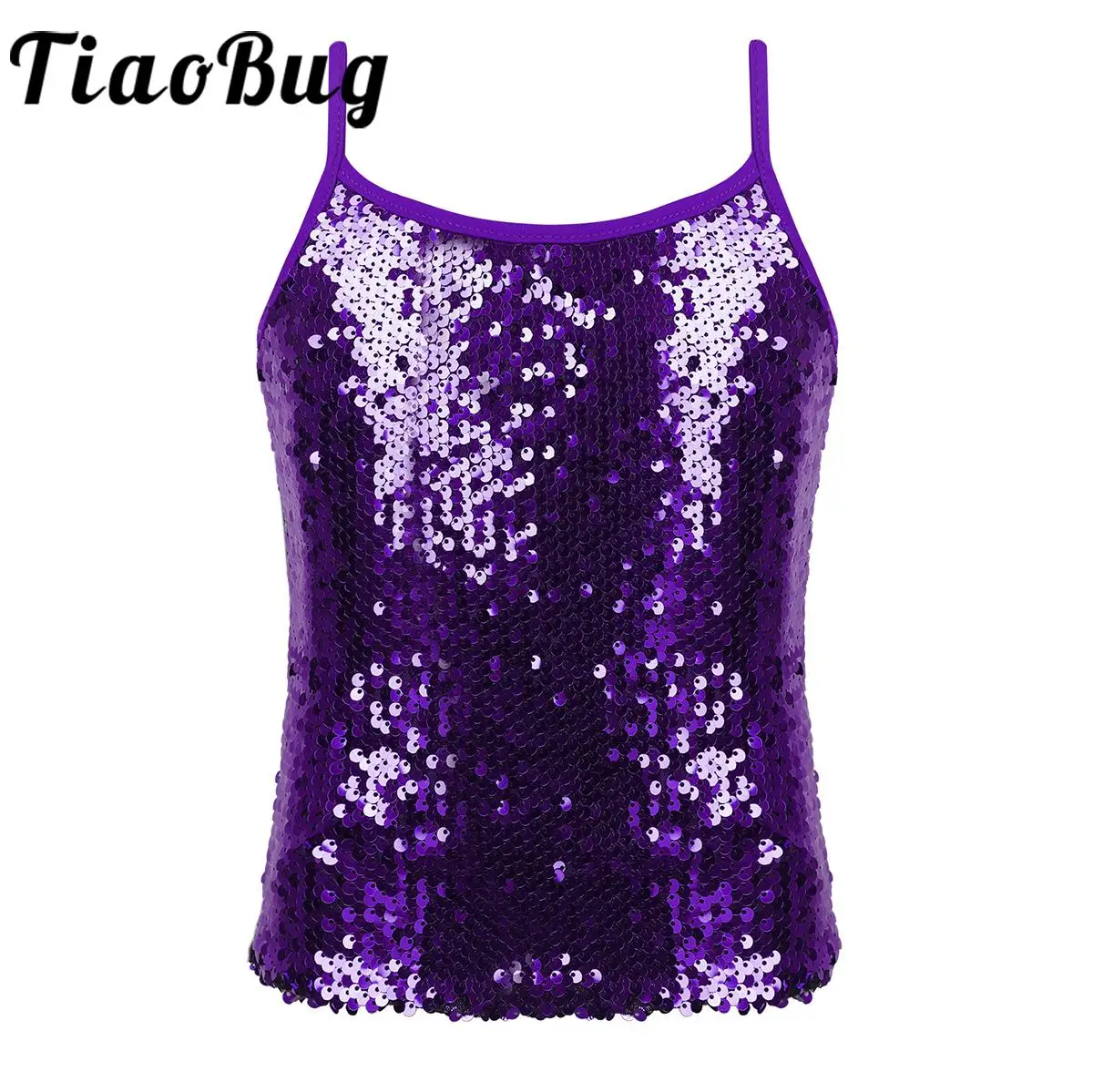 

Kids Girls Sparkly Sequin Camisole Hip Hop Jazz Dance Tank Tops Sleeveless Spaghetti Straps Vest Shirt Performance Costume