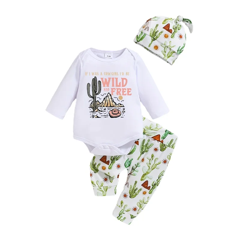 

Baby Boy Fall Outfit Cactus Print Long Sleeve Rompers and Elastic Pants Hat Set Spring 3 Piece Clothes