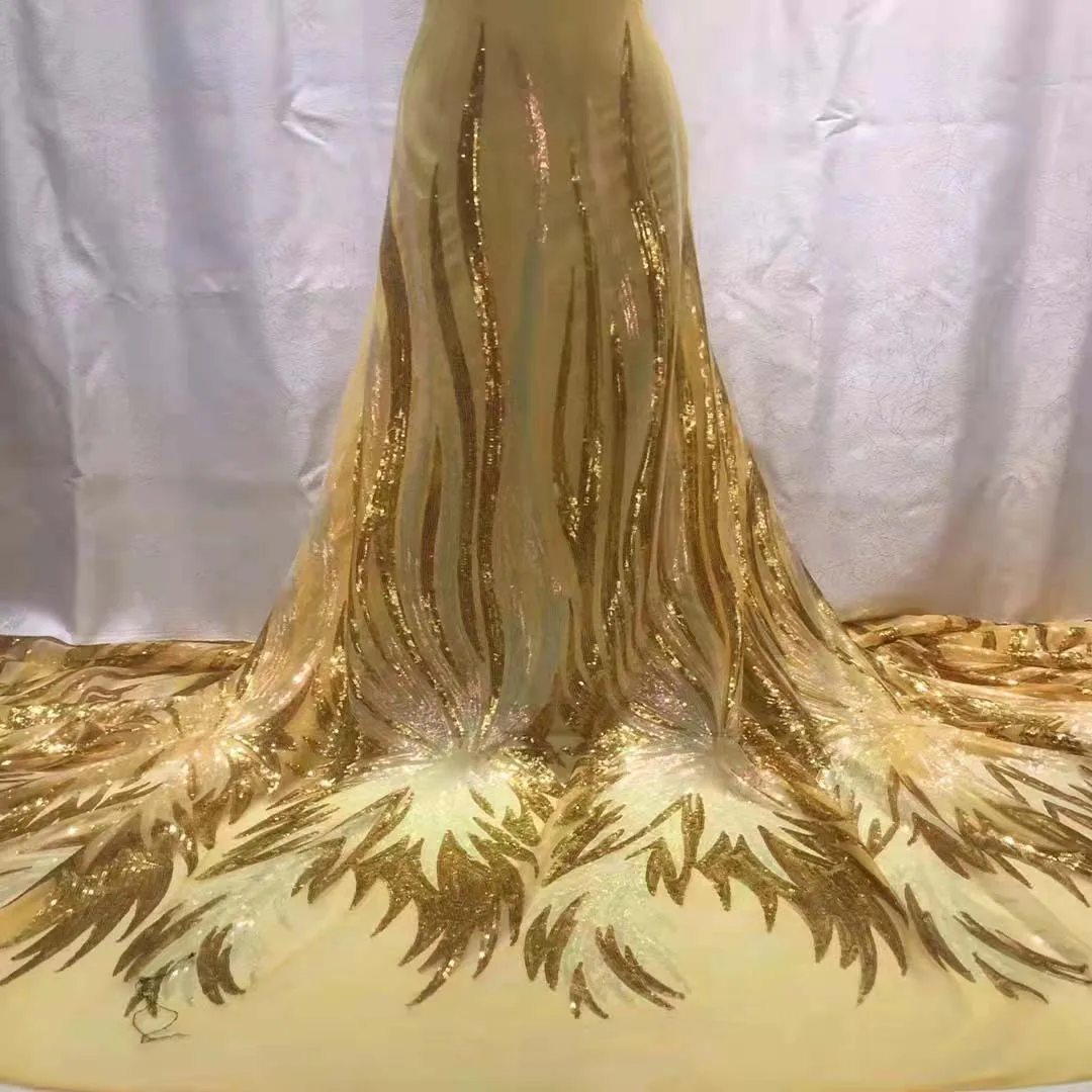 5 Yards New Two-tone Sequin Beaded Embroidery Tulle Lace Fabric African Mesh Lace Evening Performance Dresses Sewing Material