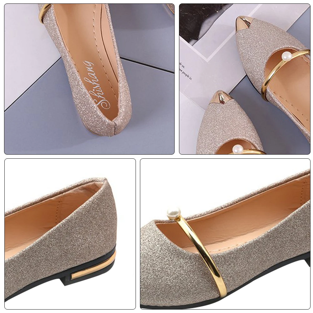 

Pearl Design Single Shoes Women Flat Pumps Comfortable Nude Pointy Toe Elegant Party Wedding Silver