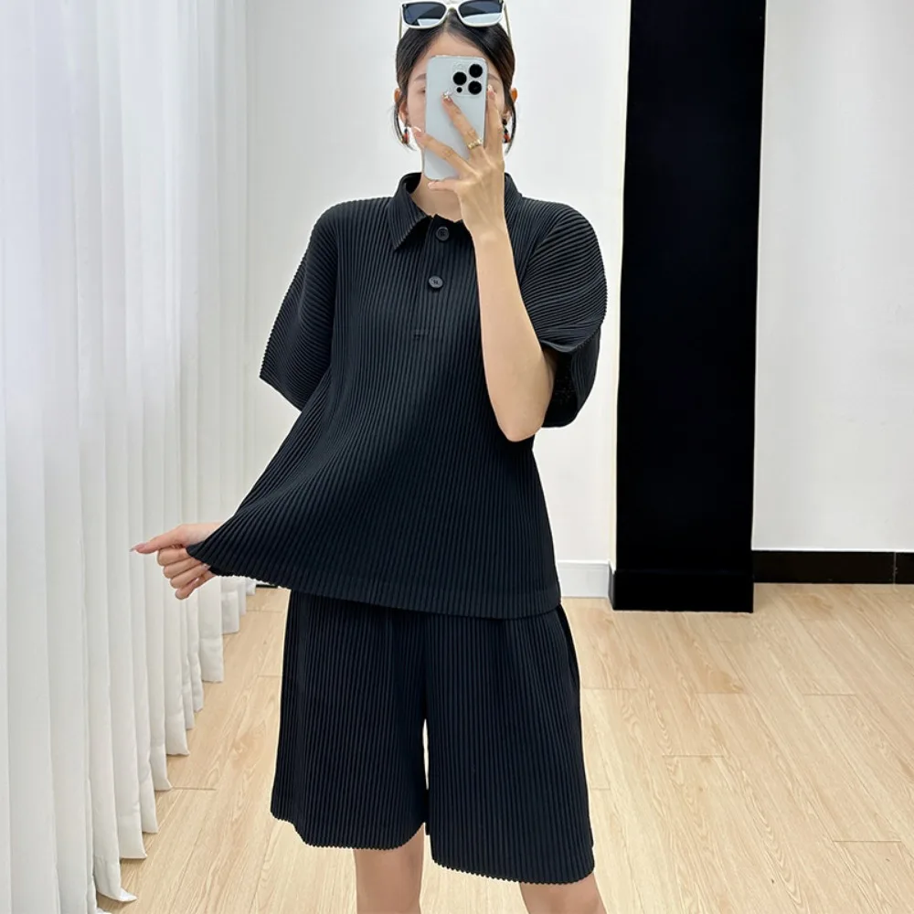 Pleats Fashion Suit Women 2023 Fall New Casual Simple Fashion Loose Comfortable Top T-shirt Sports Shorts Solid Color Plus Size