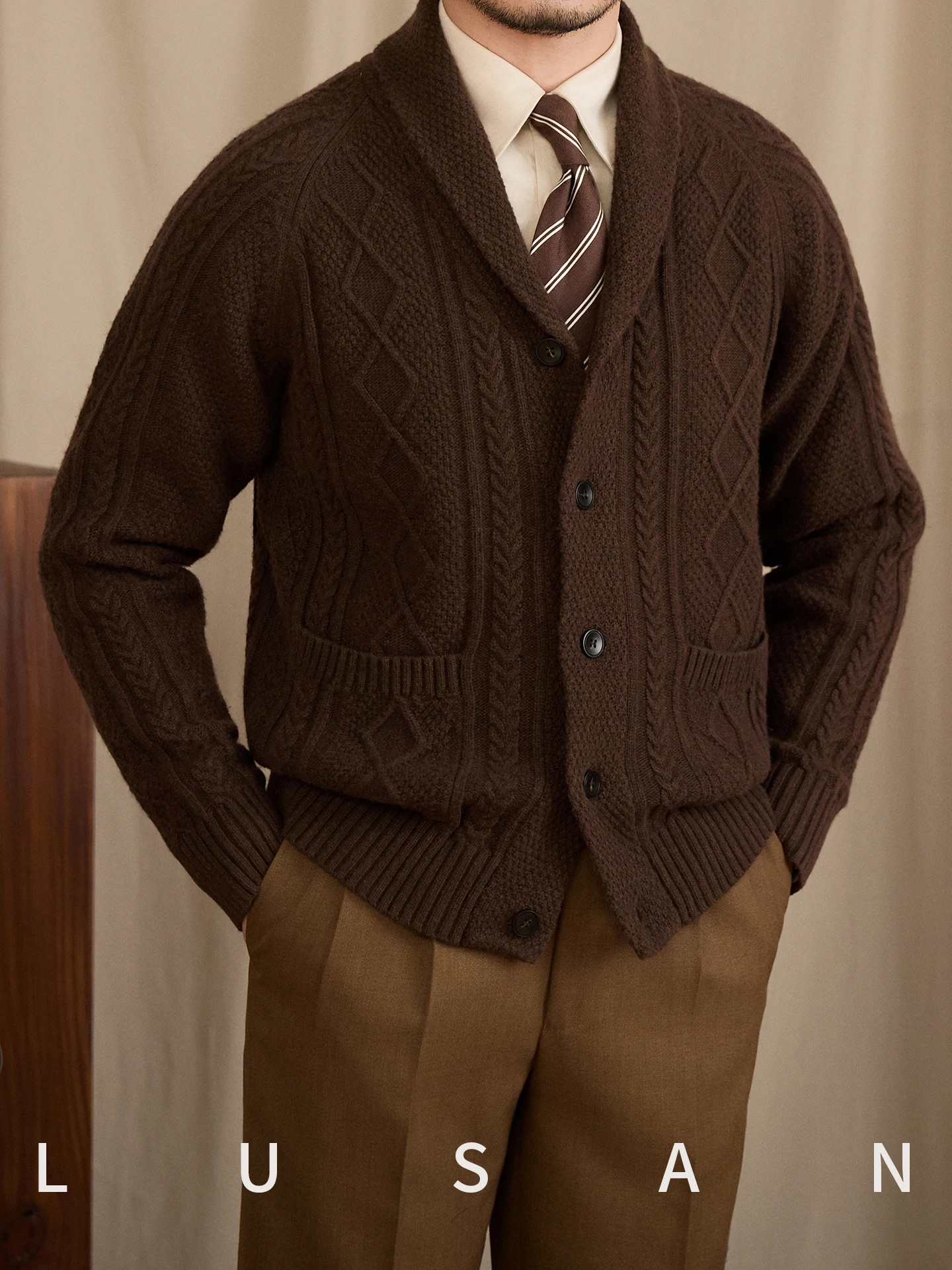 High-End Autumn Winter Retro British Casual Green Collar Jacquard Wool Blended Sweater Coat Italian Cardigan for Men