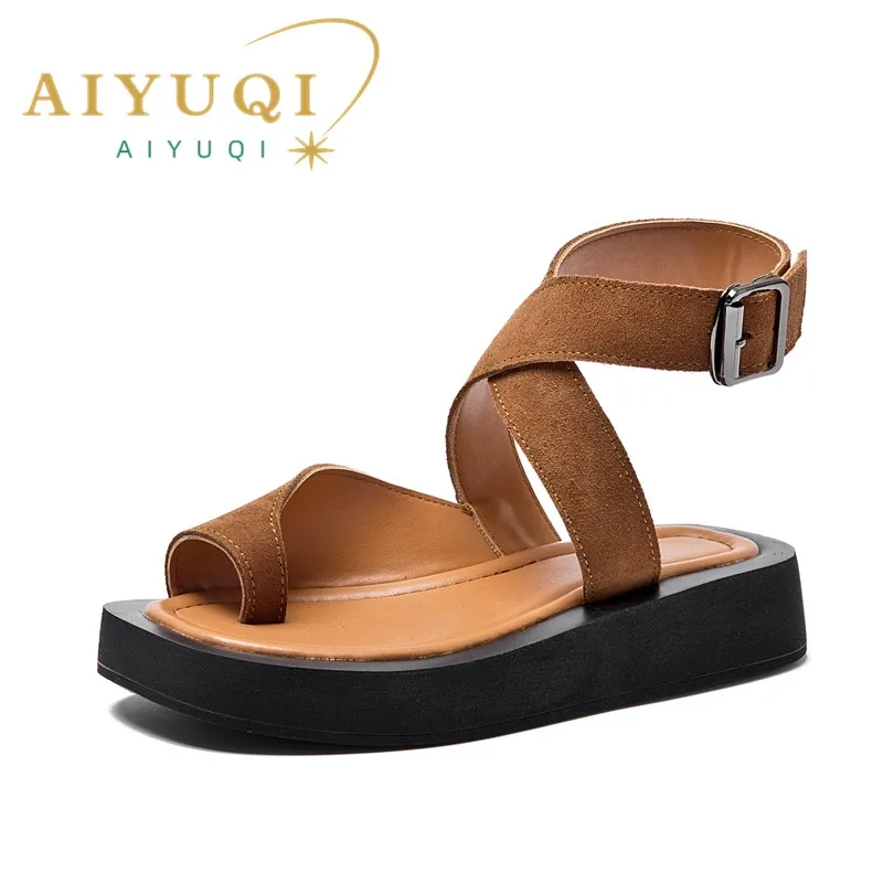 

AIYUQI Sandals Women Large Size Clip Toes Fashion 2024 New Roman Women Summer Sandals Suede Genuine Leather Beach Sandals Women