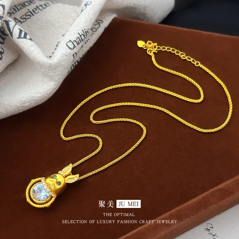 The same 9999 24K real gold women's gold necklace in the gold store has a dynamic rabbit moissanite collarbone chain and exquisi