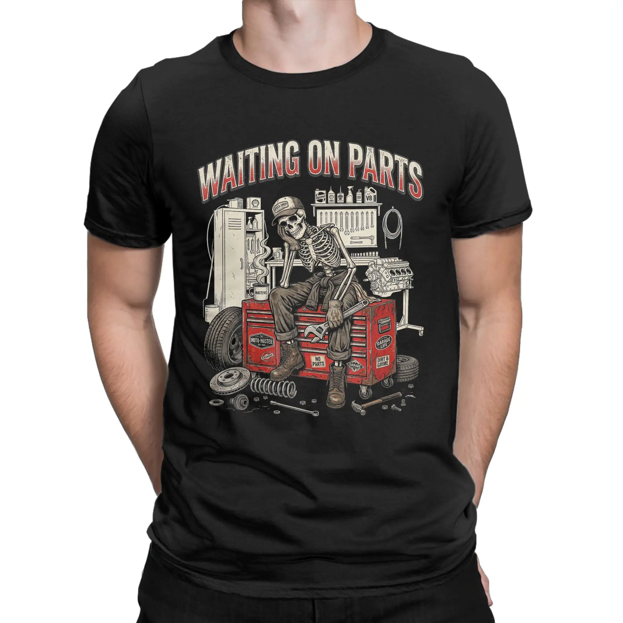 Men Waiting On Parts Mechanic Skeleton Auto Repair Life T Shirts  100% Cotton Tops Summer Short Sleeves T Shirt O-Neck Tee Shirt