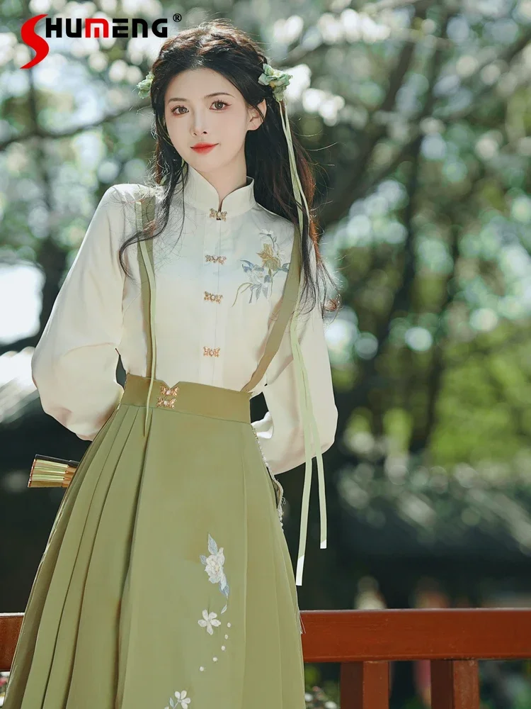 Chinese Style Retro Hanfu Set Two Pieces Set Women Long Sleeve Embroidered Shirt Skirt Set Female Elegant Vintage Autumn Outfits