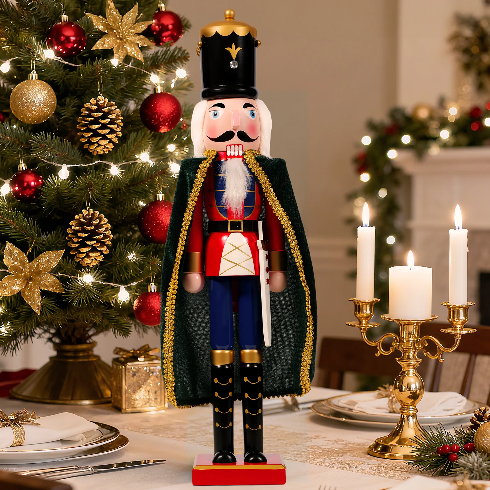 

Wood Nutcracker with Detailed Cloak, 2-in-1 Christmas Tree Ornament and Standalone Desktop Toy for Holiday Decorating
