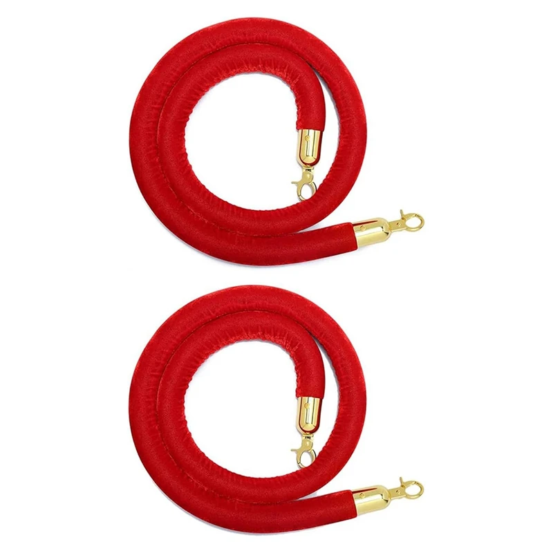 ABVJ-2 Pack Velvet Stanchion Rope With Gold Hooks, Crowd Control Rope Safety Barrier Red Carpet Decoration, 5 Feet