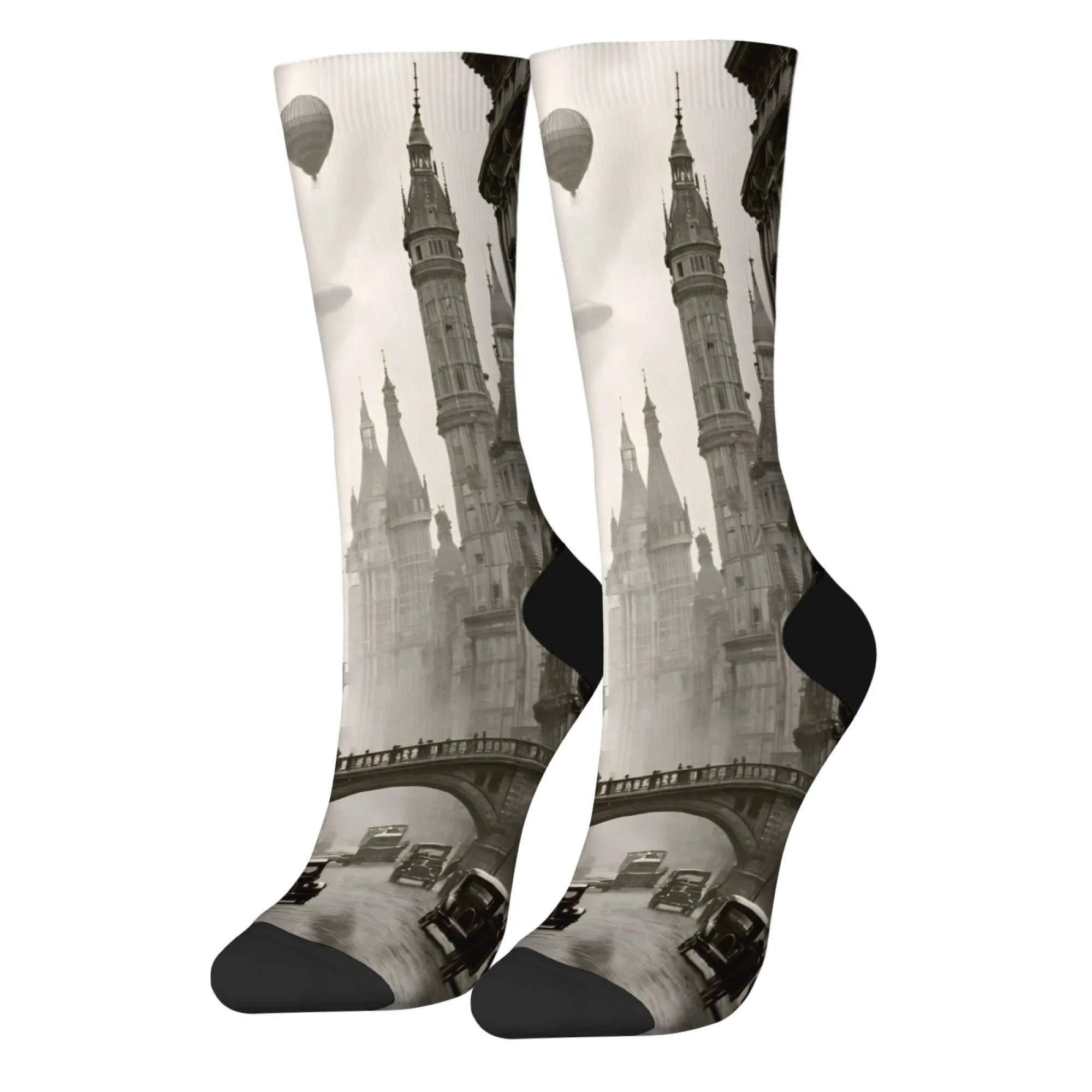 Harajuku retro preto e branco cidade nostálgica paisagem impressão meias masculinas romance tendência de rua estilo futurista meias casuais presente