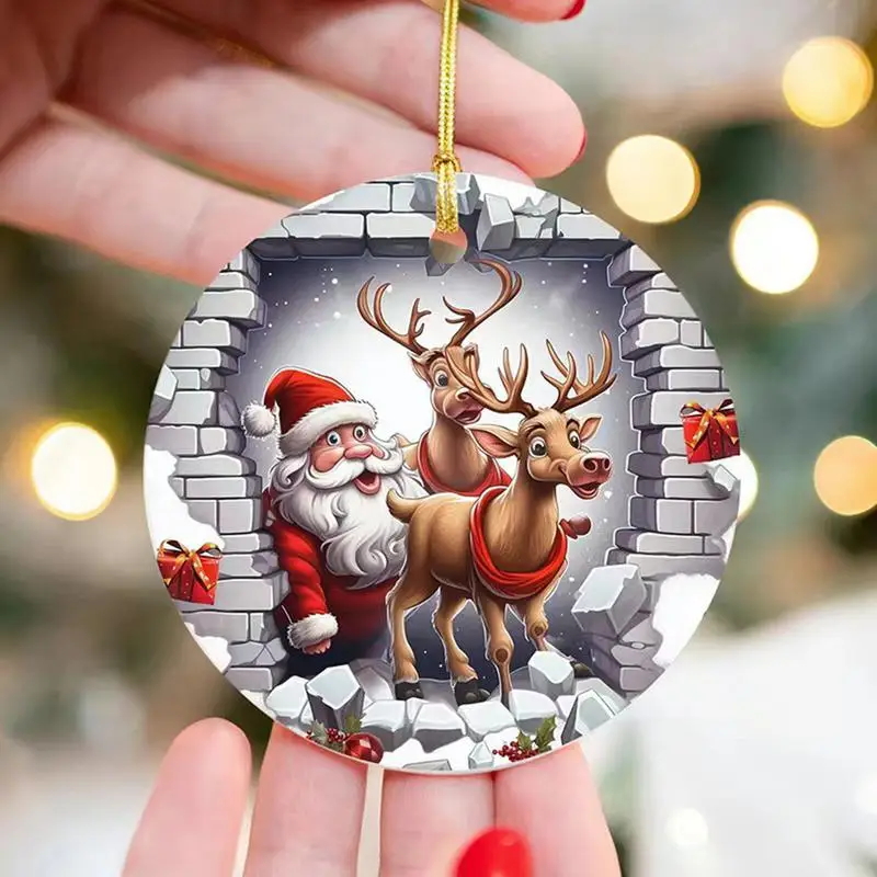 Santa Ornament For Christmas Tree Break Through Acrylic Fantasy Christmas Wall Decor 2D Creative Window Ornaments For Holiday