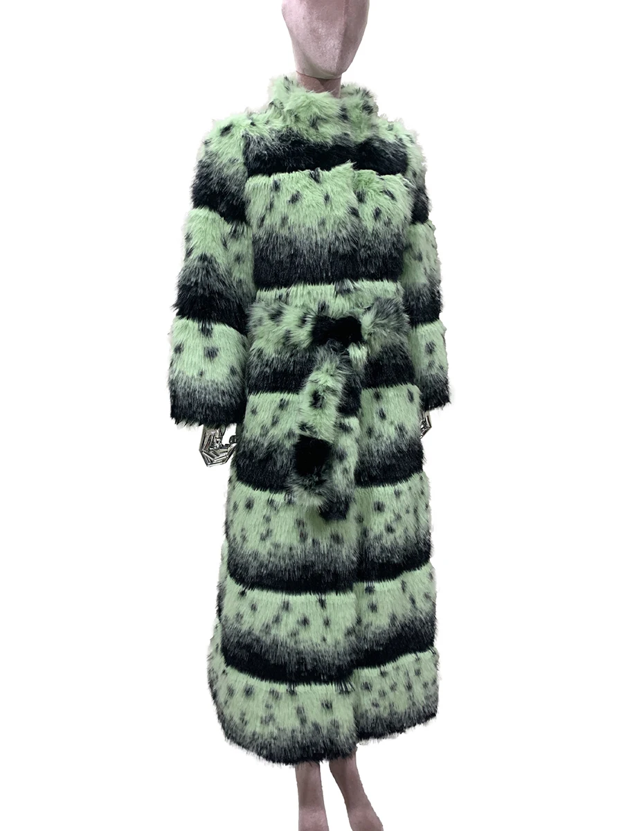 

Осень-зима, удлиненное красочное полосатое толстое теплое волосатое пушистое пальто из искусственного лисьего меха, женское роскошное меховое пальто с воротником-стойкой