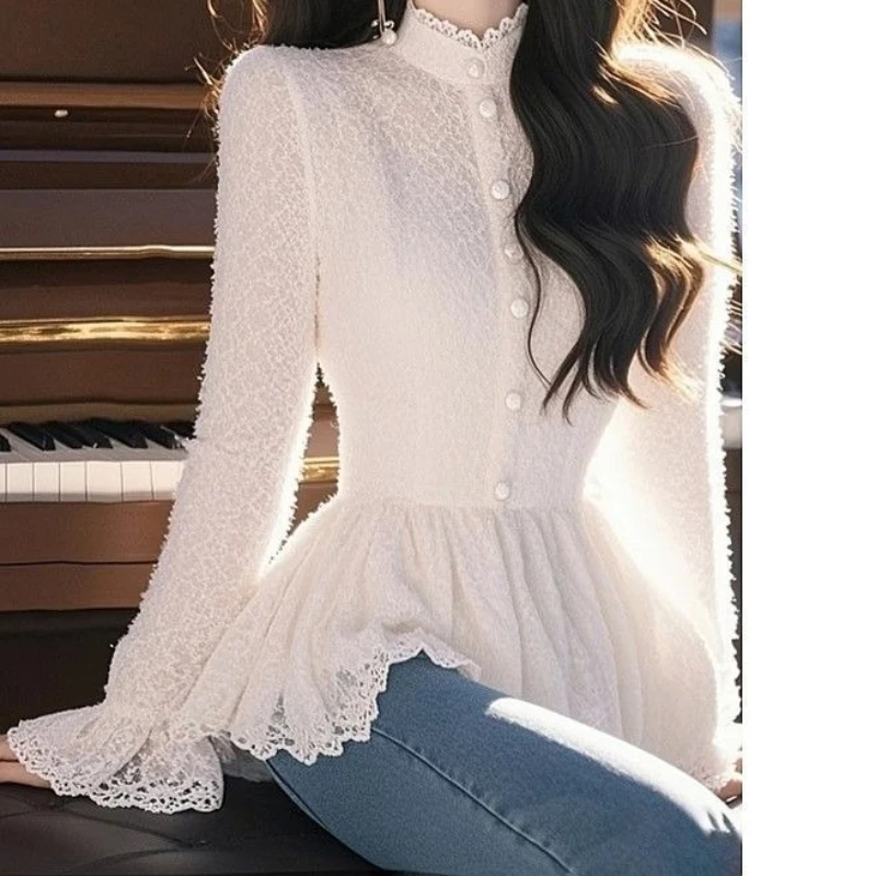 

Fashion Elegant Lace Blouse Long Sleeve Loose Chiffon Shirts Korean Style Stand Collar Pleated Top Blusas TT826