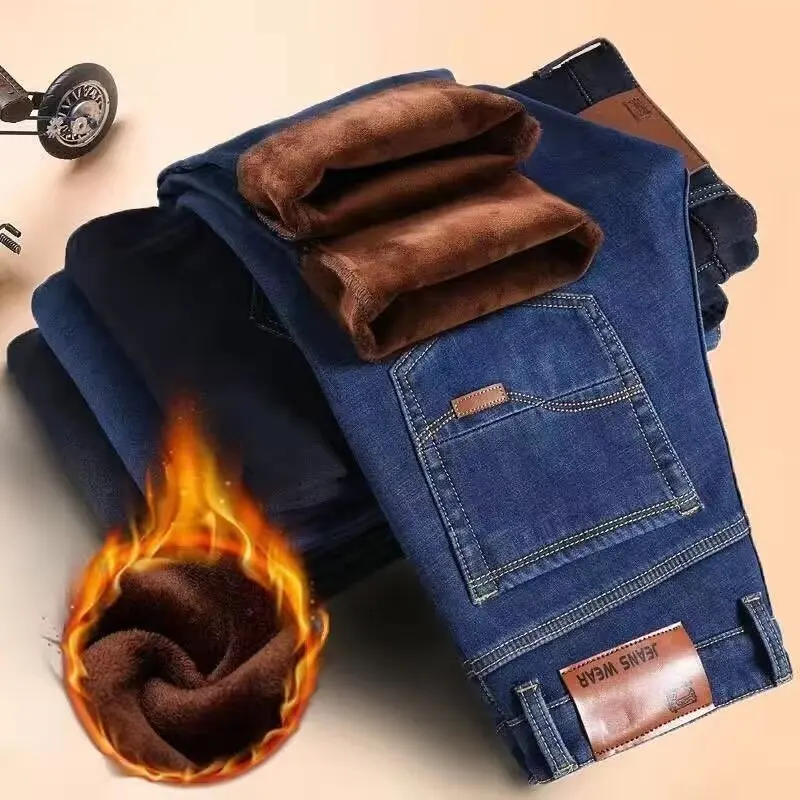 Immagine 3: Jeans Invernali da Uomo con Fodera in Pile, Gamba Dritta, Vita Alta, Taglie Grandi, Pantaloni Caldi, Slim-Fit, Casual, per Pendolari