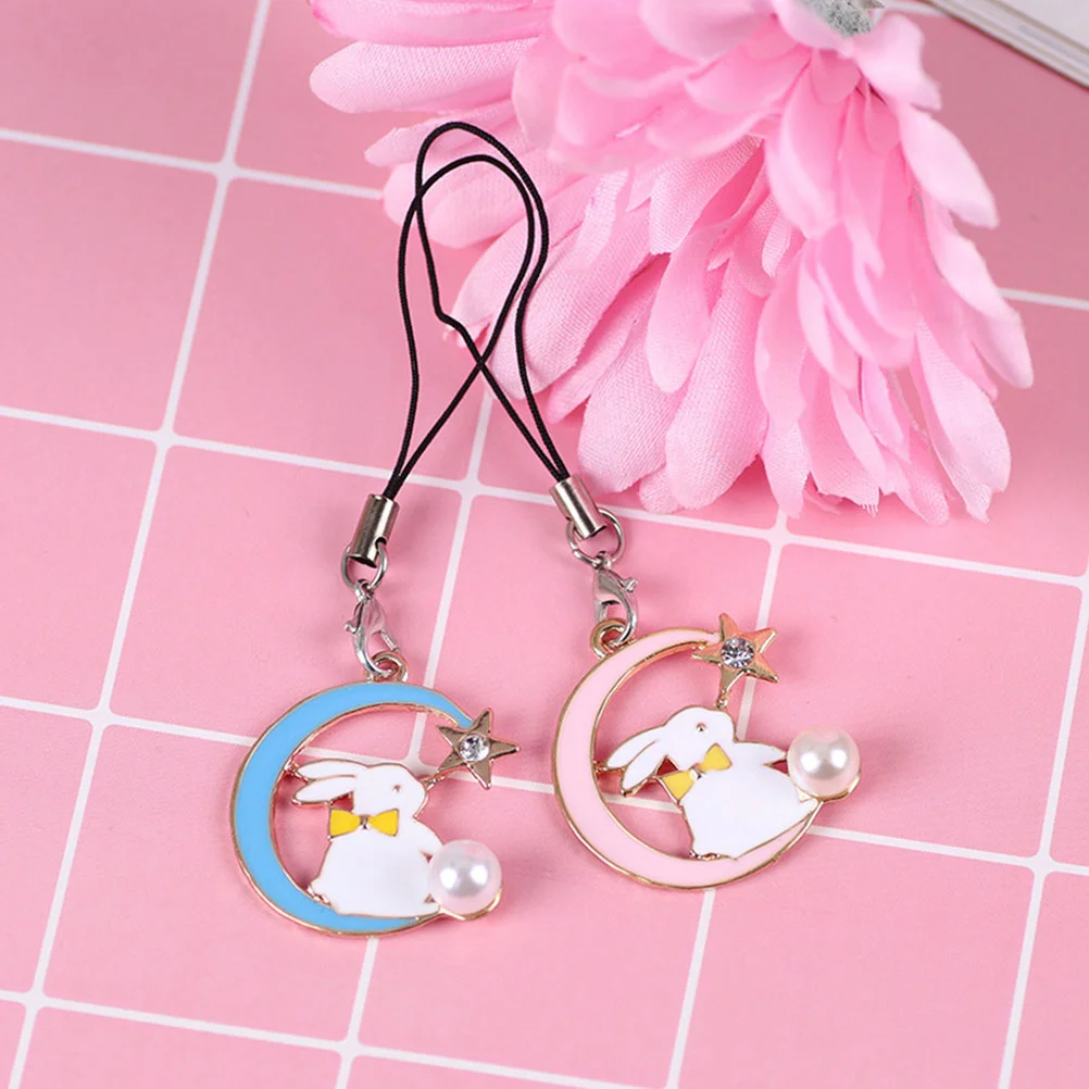 

2 Pcs Key Chain Mobile Phone Moon Chains Lanyard Wrist Strap Star Bunny Charm Keychain Animal