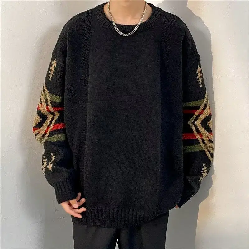 Folk Printed Vintage Pullovers Knitted Men's Clothing Casual O-Neck Autumn Winter New Loose Long Sleeve Commute Fashion Sweaters