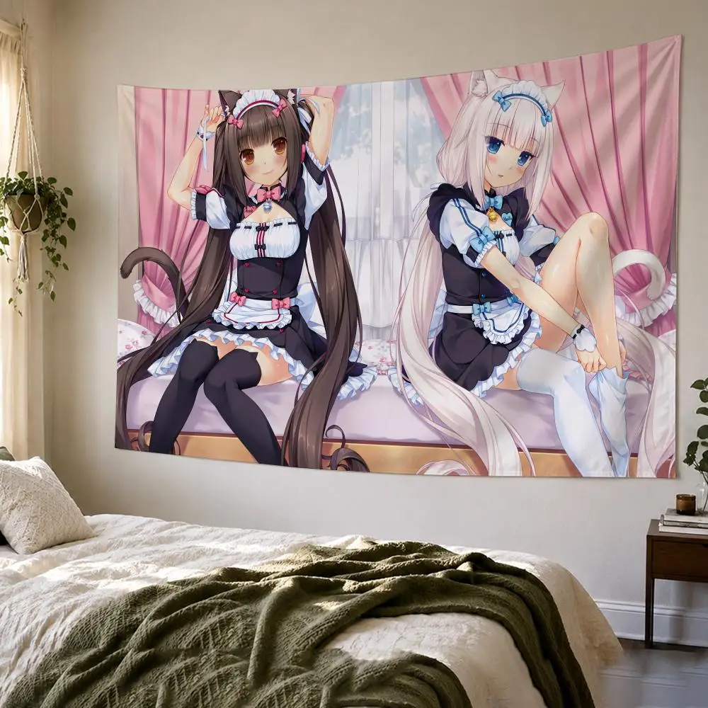 N-Nekopara Anime Cute Tapestry Custom Living Bedroom Party Dormitory Interior Wall Bohemian Decoration Attached Clip
