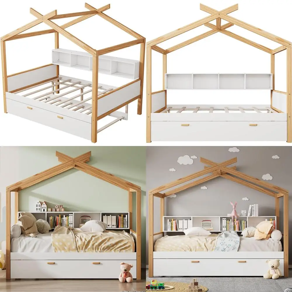 White Wooden Kids Bedroom Set with Trundle Bed, Bookcase, and Easy Assembly