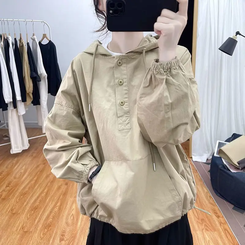 Spring And Autumn Cotton Loose Hooded Sports Shirt For Women 2024 Korean Retro Stand Collar Top Short Windbreaker Hoodie Top