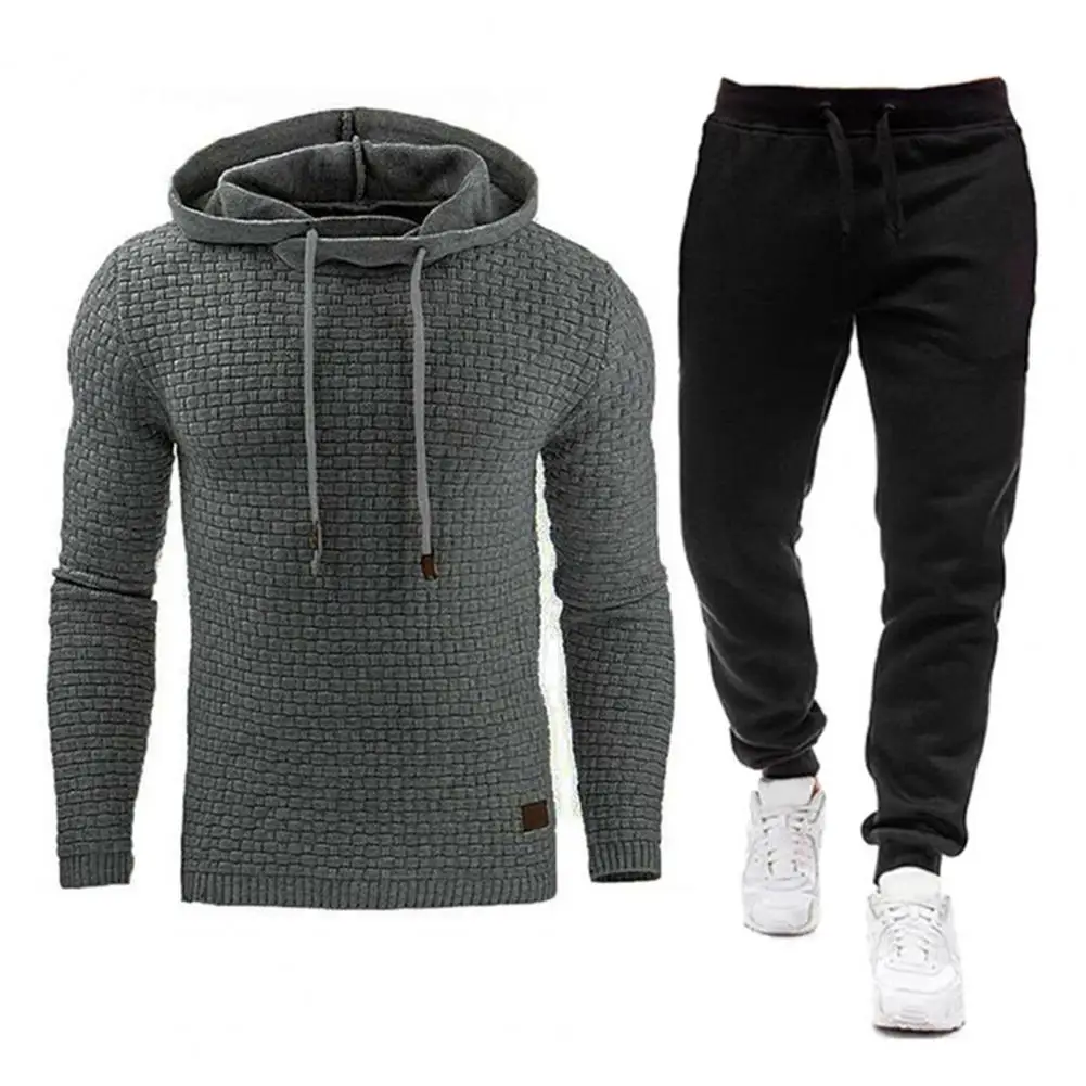 

Men Drawstring Suit Men's Waffle Texture Hoodie Pants Set for Fall Winter Sports Solid Color Long Sleeves Elastic Waist