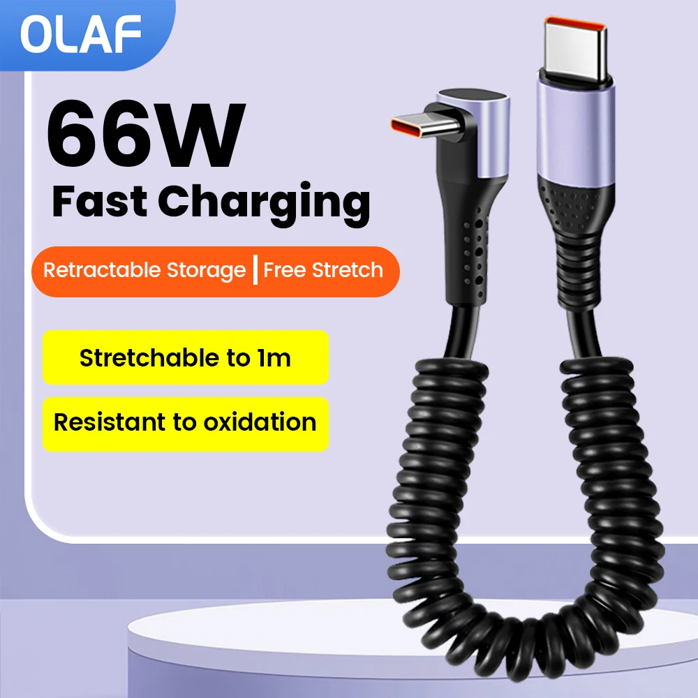 Car Spring Retractable Cable 66W Fast Charging Wire USB C TO USB C Cable For iPhone 15 Huawei Xiaomi Samsung USB Type C Cable