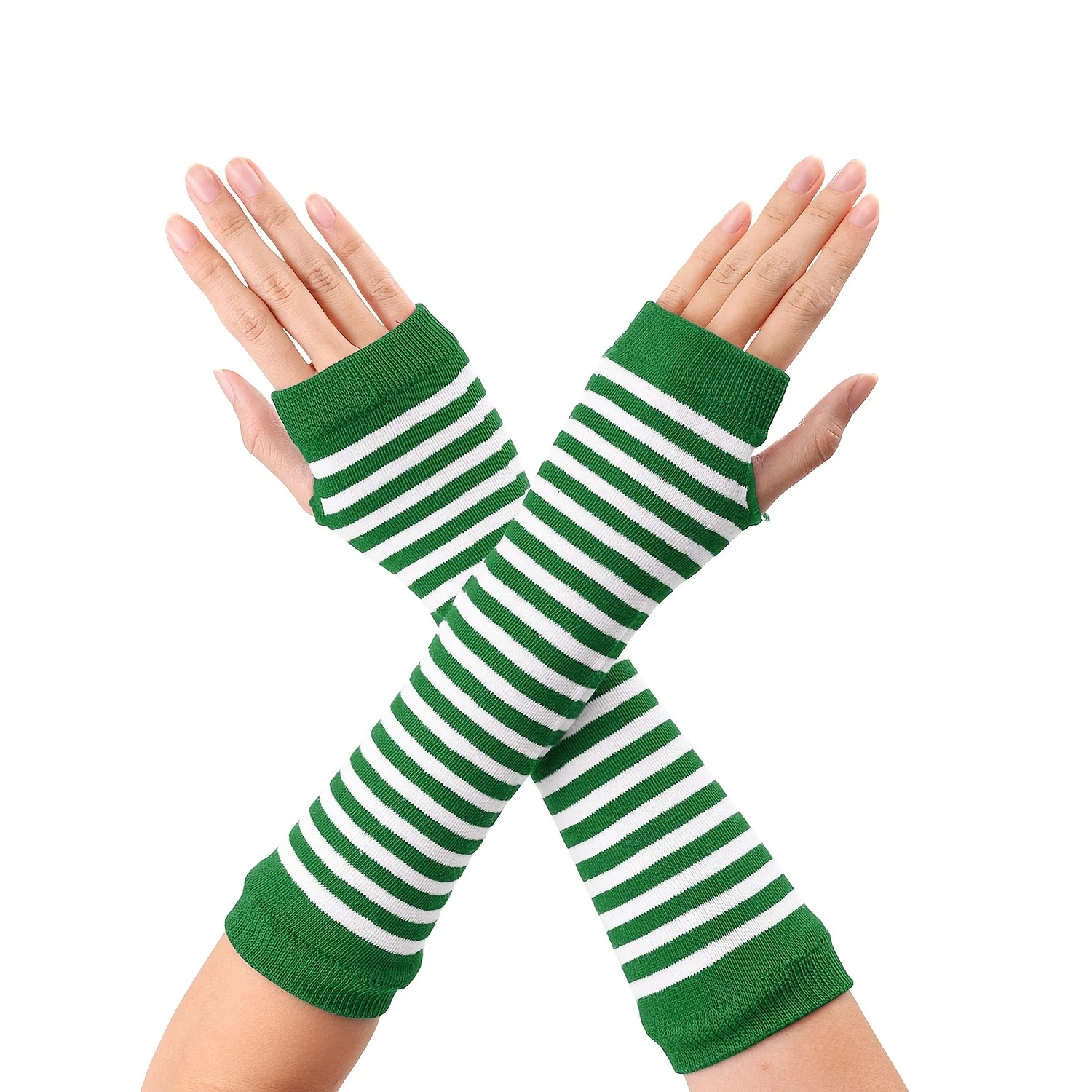 Irish Festival Green Stripe Long Gloves Open Toe Women\'s Long Wrist Set Elbow Set Patrick Clover Arm Set