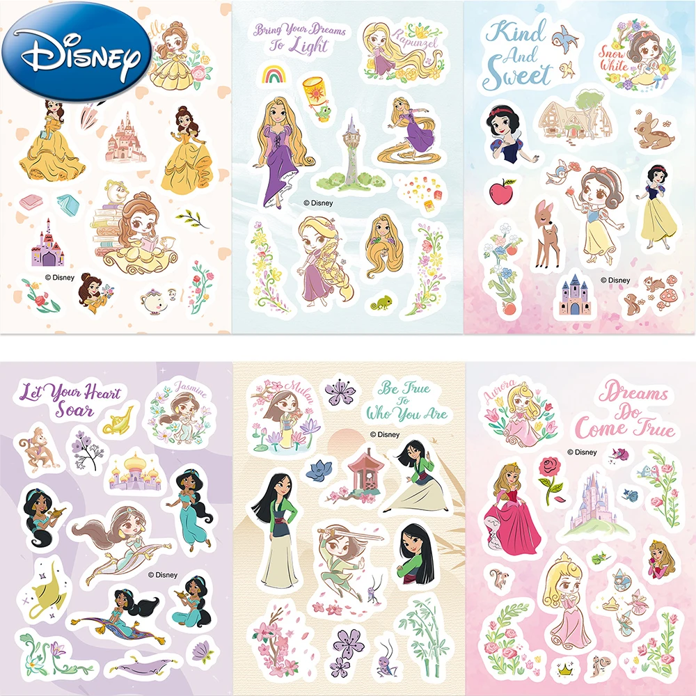 

8/16sheets Kawaii Disney Anime Princess Stickers DIY Water Bottle Diary Phone Cute Snow White Ariel Cartoon Decals for Kids Toy