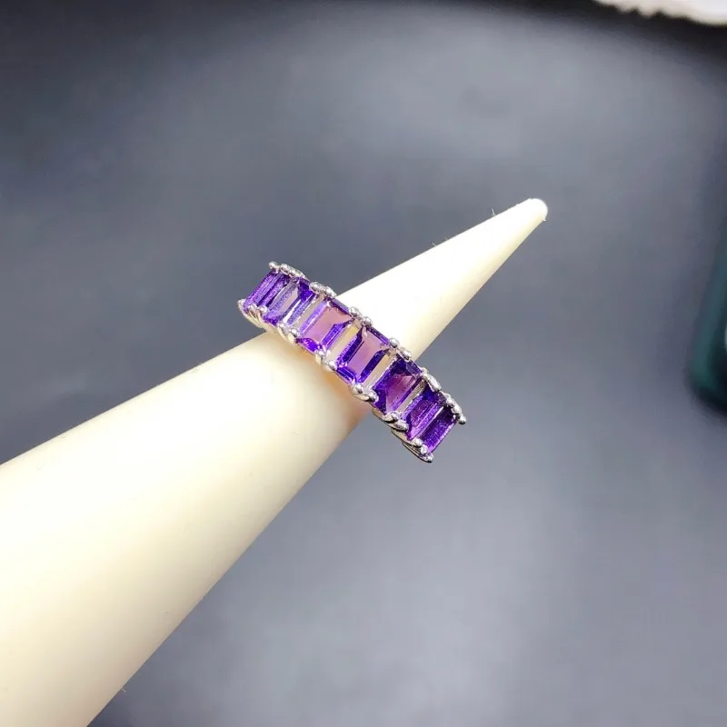 Pure Amethyst 3X5mm Rectangle Shape Natural Amethyst Ring 925 Sterling Silver Crystal Jewelry for Daily Wear