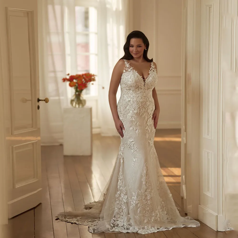 

MCDV Mermaid Plus Size Wedding Dress for Bride Customized V Neck Sleeveless Applique Lace Sweep Train Bridal Gown Vestido Noiva