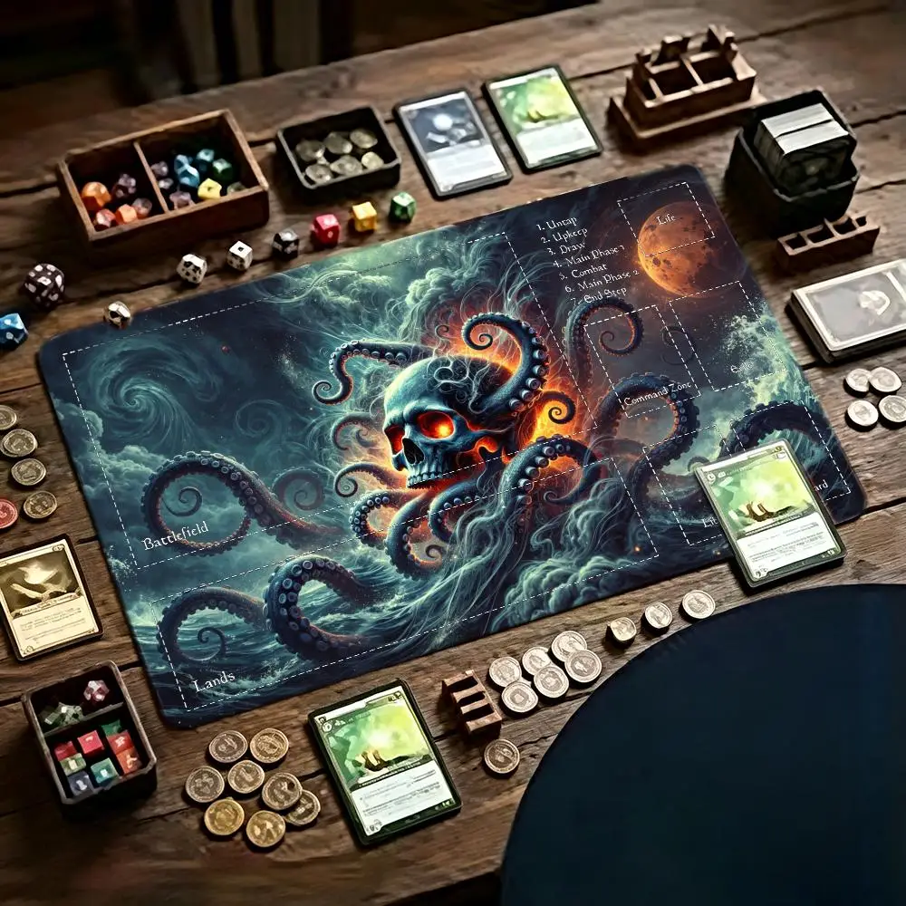 Large TCG Playmat Trading Card Game Mat Skull Cthulhu Octopus Dark Full Moon Ocean Horror Fantasy Full Zoned Layout Game NonSlip