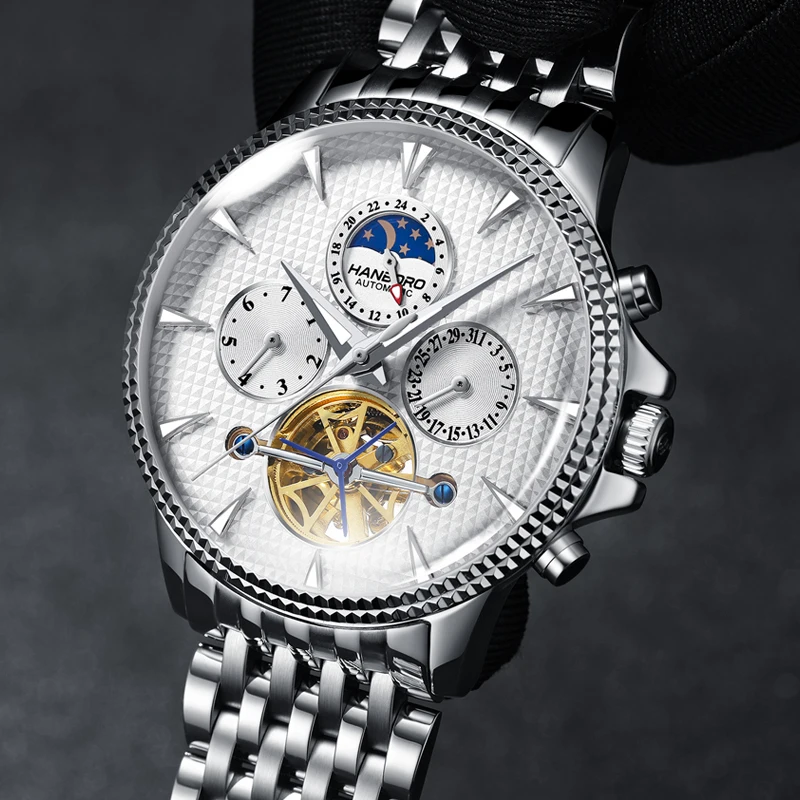 HANBORO Hollow Multi functional Fully Automatic Mechanical Watch Fashion Business Leisure Trendy Men's Watch