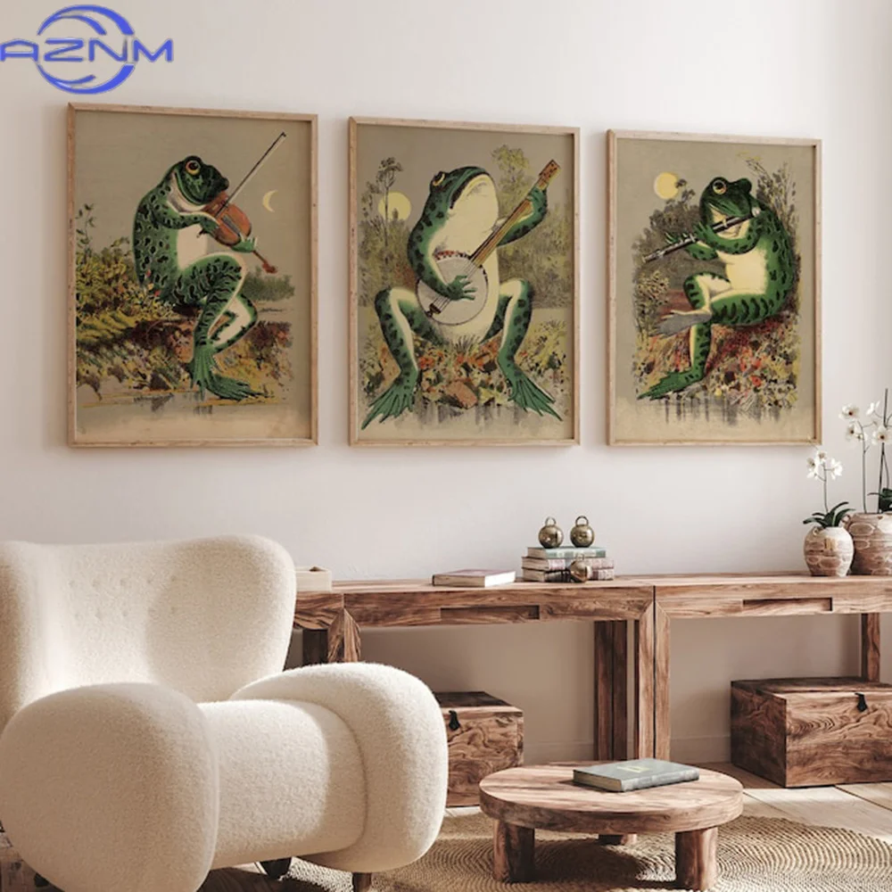 Japanese Frog Band Vintage Wall Decor Canvas Prints Wabi Sabi Art Painting Animal Play Music Funny Posters Retro Mural Picture