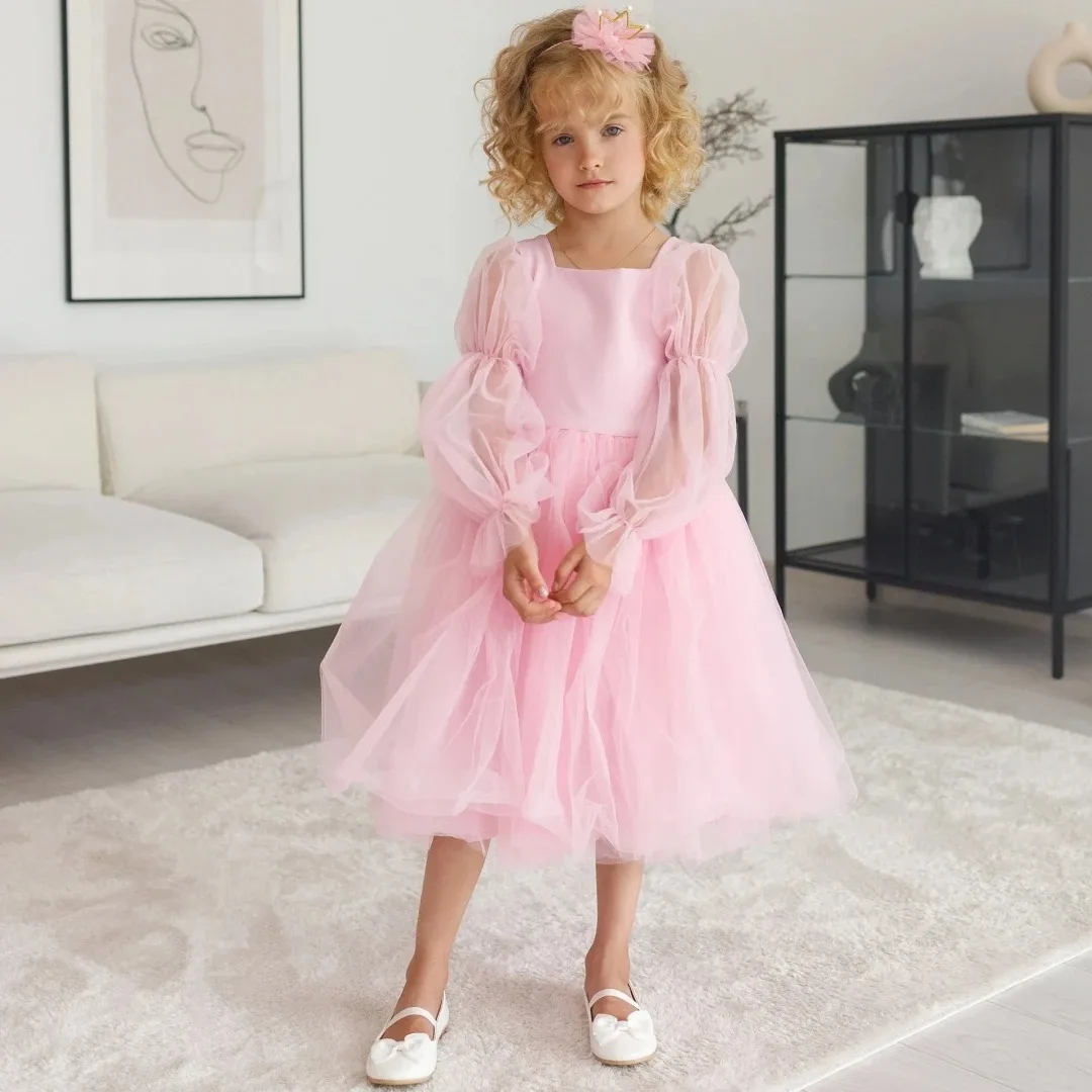 

Платье для девочки на заказ: розовое, из фатина, с бантом, длинными рукавами, для свадьбы, вечеринки, дня рождения, бала, в стиле принцессы