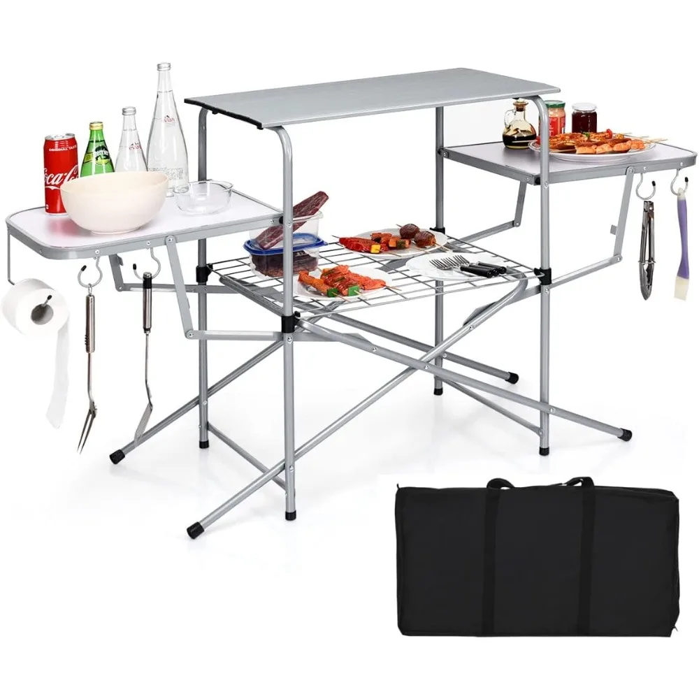 

Folding Grill Table, Aluminum Camping Kitchen Table with Cook Station, Hooks, Portable Camp Cook Table with Storage Organizer S