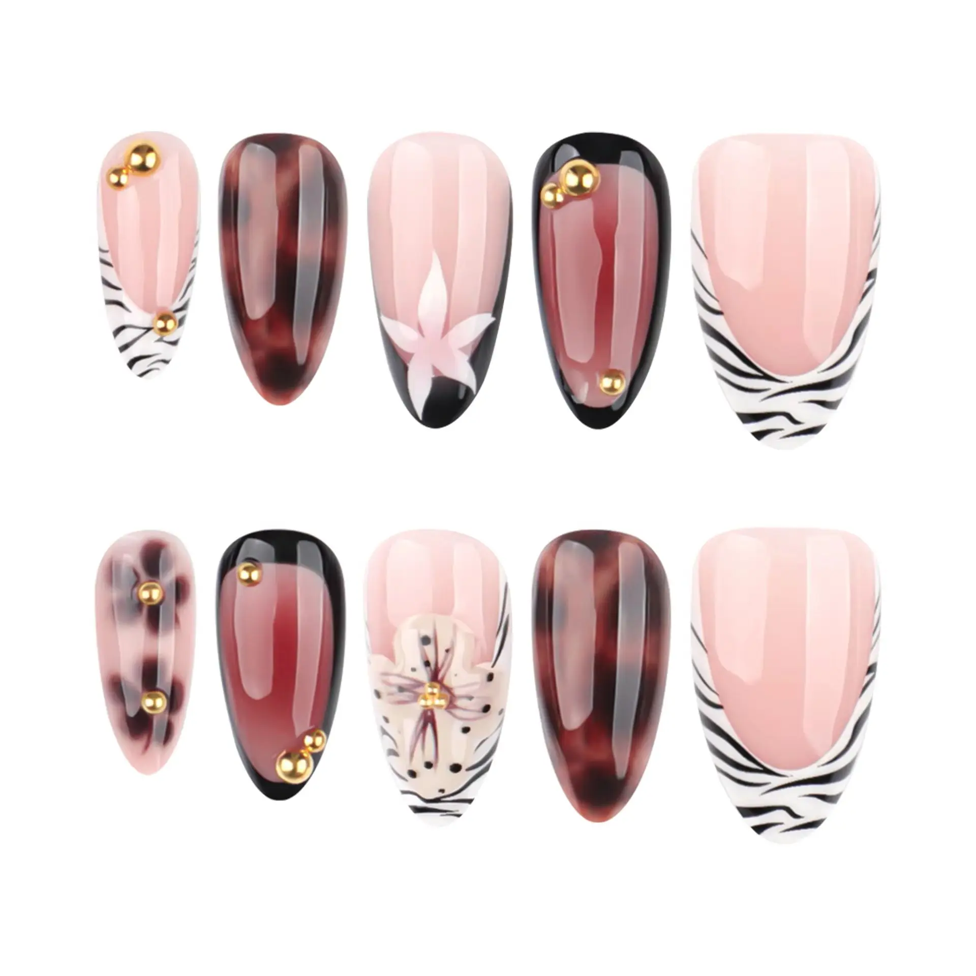 

24PCS Brown Blush Gradient False Nails Autumn Winter Zebra Stripes French Fake Nails Retro Amber Almond Wearable Nails Press On