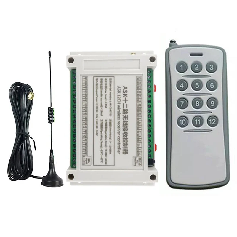 433MHZ DC 12V 24V 48V 12CH Relay RF Wireless Remote Control Switch Receiver Transmitter Suction Antenna For LED Light or Motor