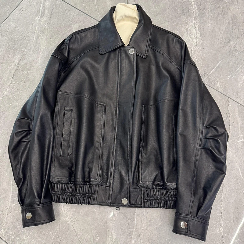 100% 本革ジャケット女性用 2026 カジュアル ルーズフィット オーバーサイズ ボンバー ジャケット ブラック A レベル シープスキン レザー コート