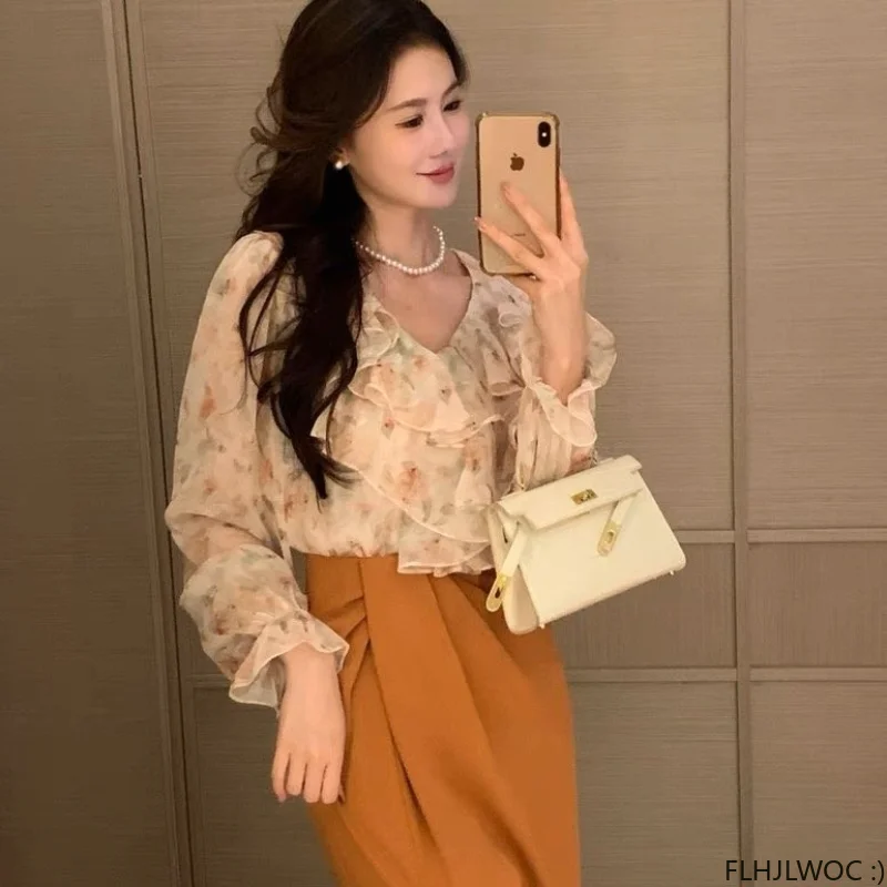 Flare Sleeve Romantic Blouses Hot Sales 2023 Women Tops Chic Korea Office Lady Cute Sweet Girls Pink Ruffles Shirts