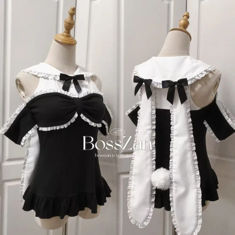 Japanse Stijl Zoete Schattige Roze Blouse Dames Lange Konijn Oor Off-Shoulder Boog Nep Twee Stukken Lolita Top shirt Kawaii Kleding