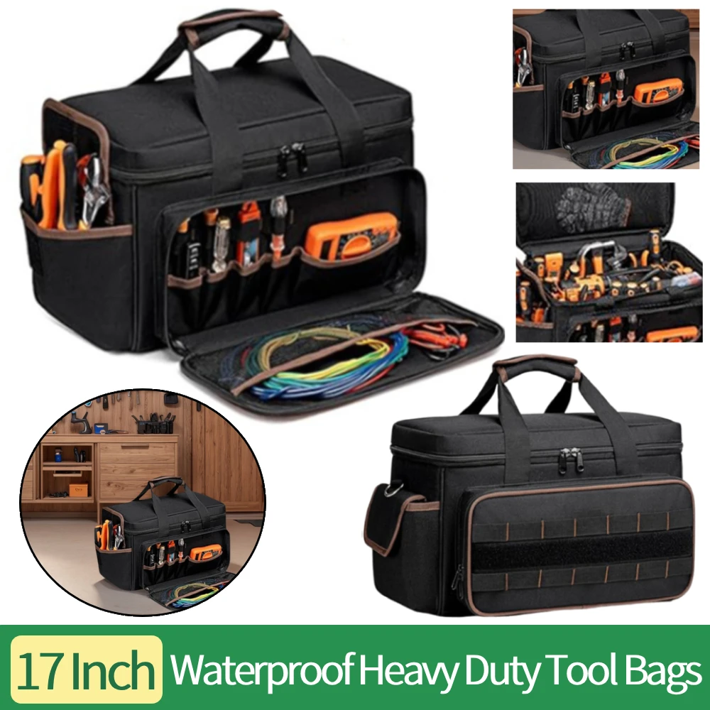 Borsa a bocca larga ad alta capacità da 17 pollici con 20 tasche Borse per attrezzi per elettricisti Tracolla regolabile Borsa per attrezzi grande Organizzatore
