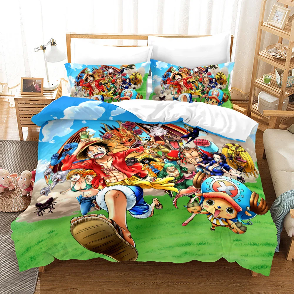 One Piece Home Pillowcase Duvet Set Luffy Straw Hat Ball Print Comfortable 3-Piece Set Bedding Children Adult Full Size