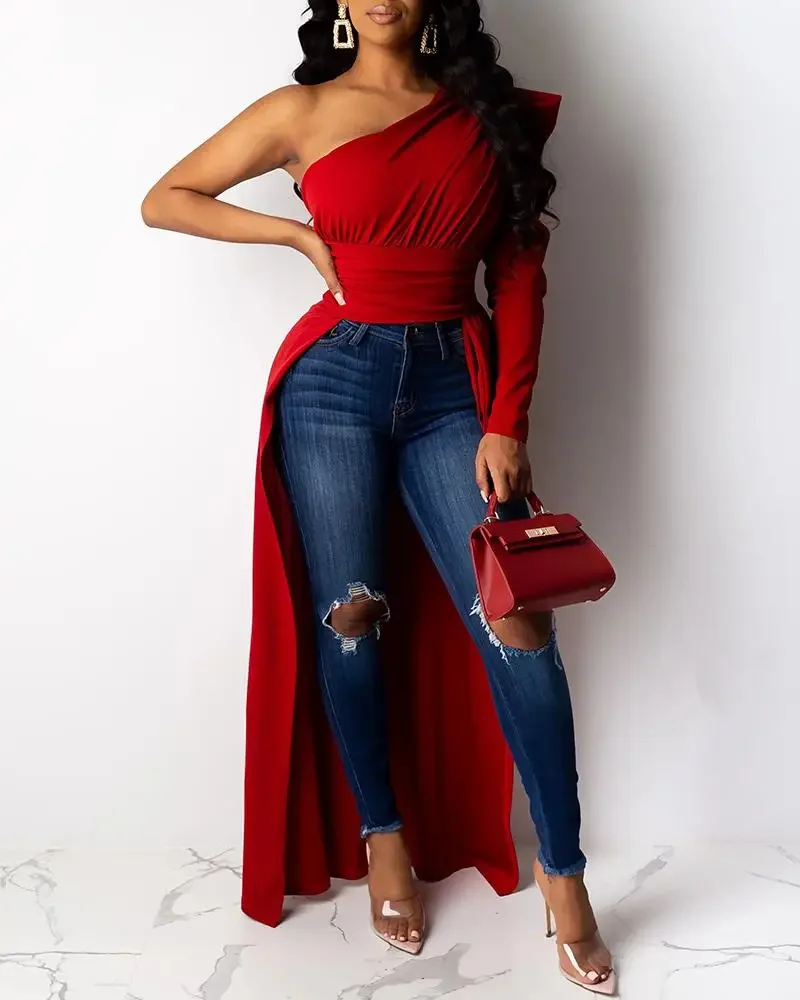 

Solid One Shoulder Long Sleeve Blouse Skew Collar Dip Hem Shirts
