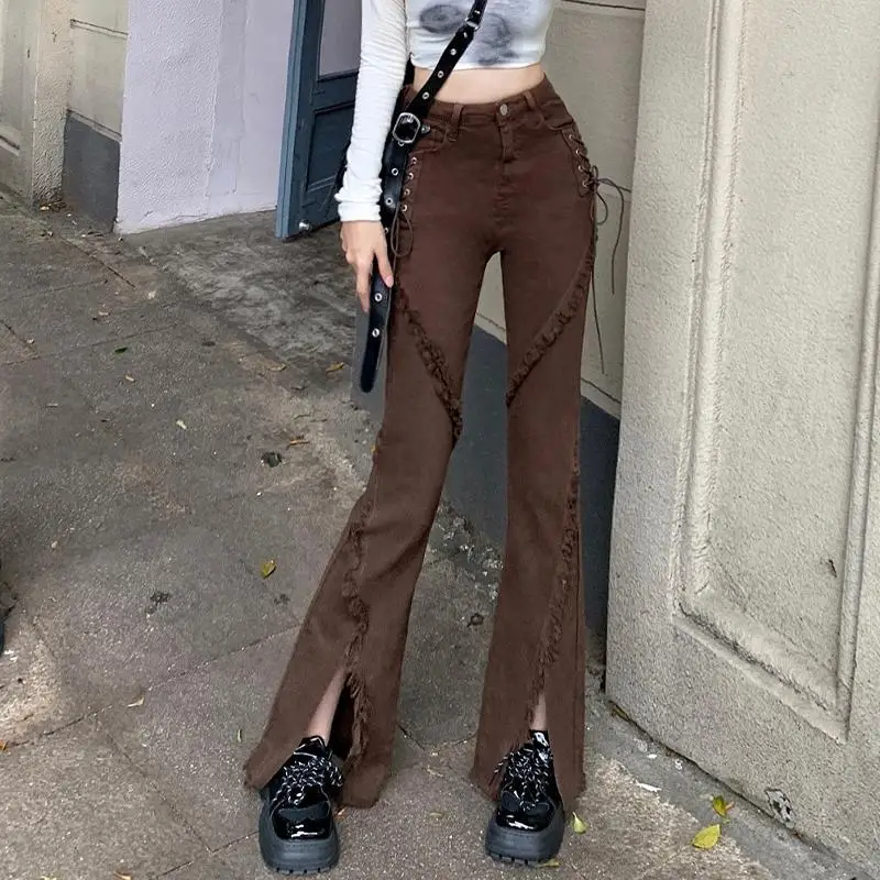 

Женские модные брюки с высокой талией и разрезом на бретельках Maillard, расклешенные джинсы кофейного цвета в стиле ретро