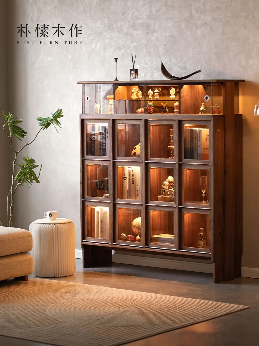 

Solid Wood Display Retro Black Walnut Lego Hand-Made Living Room Storage Cabinet Simple
