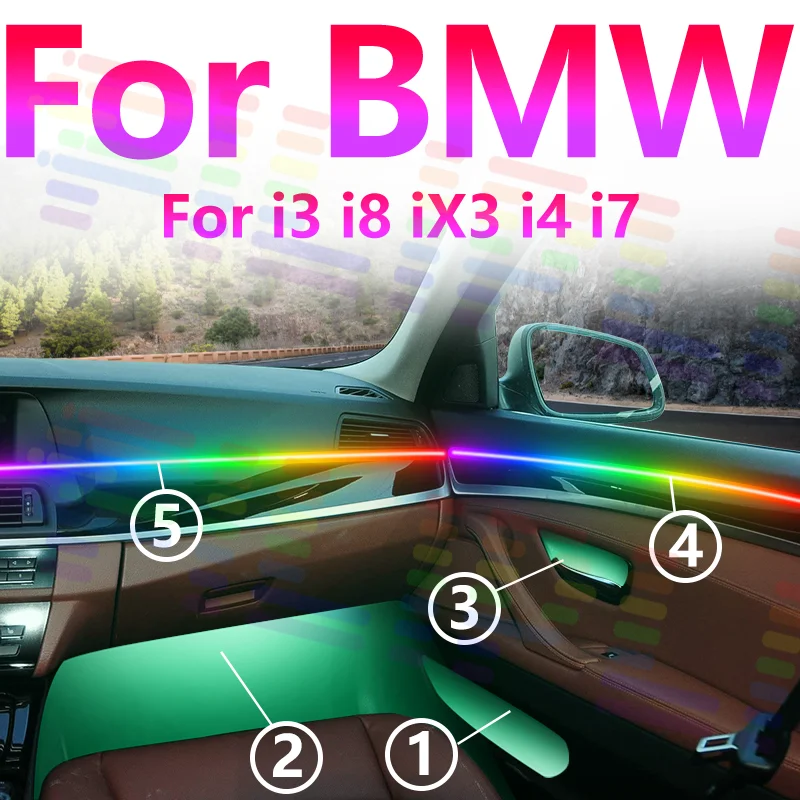 

For BMW i3 i8 iX3 i4 i7 app Decoration Atmosphere Lamp 64 colors RGB Symphony Car Ambient Light Acrylic Interior LED Strip