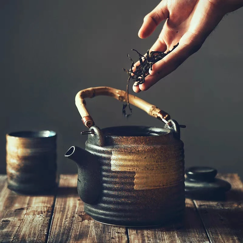 Japanese Kiln-fired Coarse Pottery Kettle Creative Gradient Colors Ceramic Teapot Clay Teacup Pot with Handle Drinking Utensils