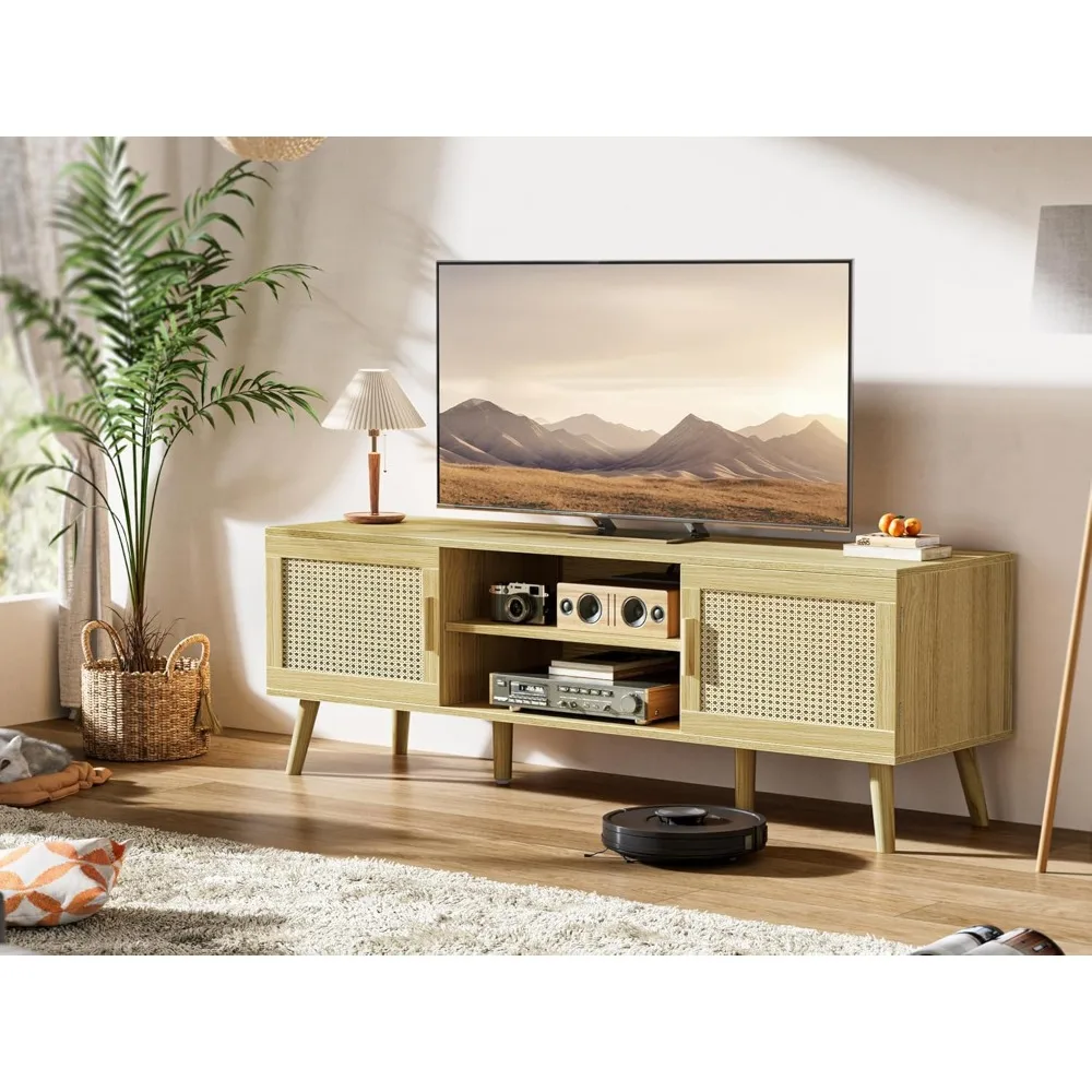 Suporte de TV Boho para TV de 65 polegadas, centro de entretenimento com prateleira ajustável, console de TV de vime com 2 armários, console de mídia, sólido