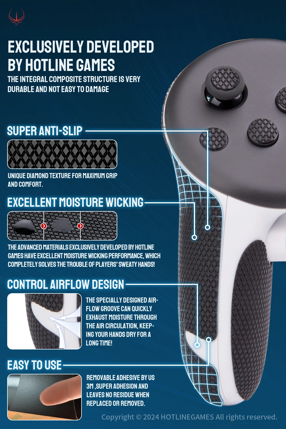 HOTLINE GAMES 2.0 플러스 컨트롤러 그립 테이프, 메타 퀘스트 3 핸들 그립과 호환, 미끄럼 방지, 땀 흡수, 쉬운 적용